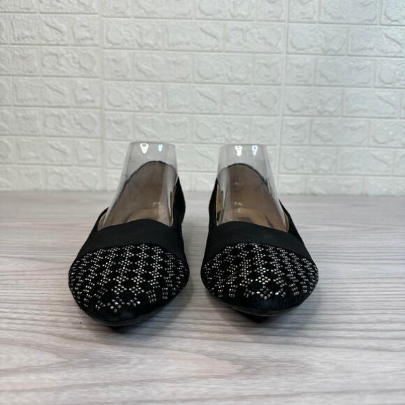 Gabor Sanctuary Ladies Court Shoes WMNS 7.5 Black Suede Leather Studded Toe Flat - Picture 3 of 9